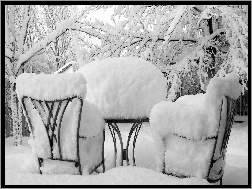 Śnieg, Stolik, Zima, Krzesła