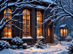 Drzewa, Dom, Światło, Zima, Biblioteka, Grafika AI
