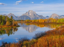 Stan Wyoming, Teton Range, Stany Zjednoczone, Góry, Drzewa, Jesień, Park Narodowy Grand Teton, Las, Krzewy, Rzeka Snake River