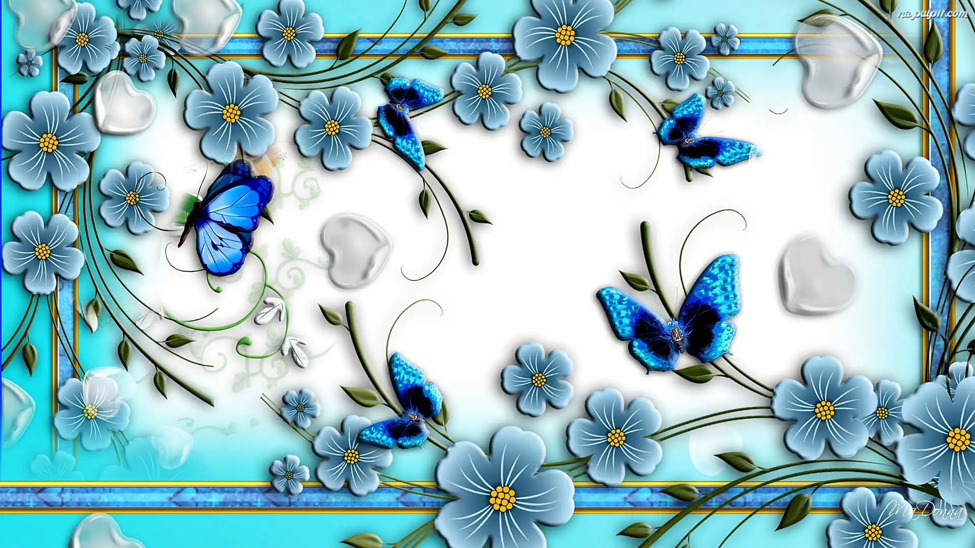 Abstrakcja, Motyle, Kwiaty, Błękitna