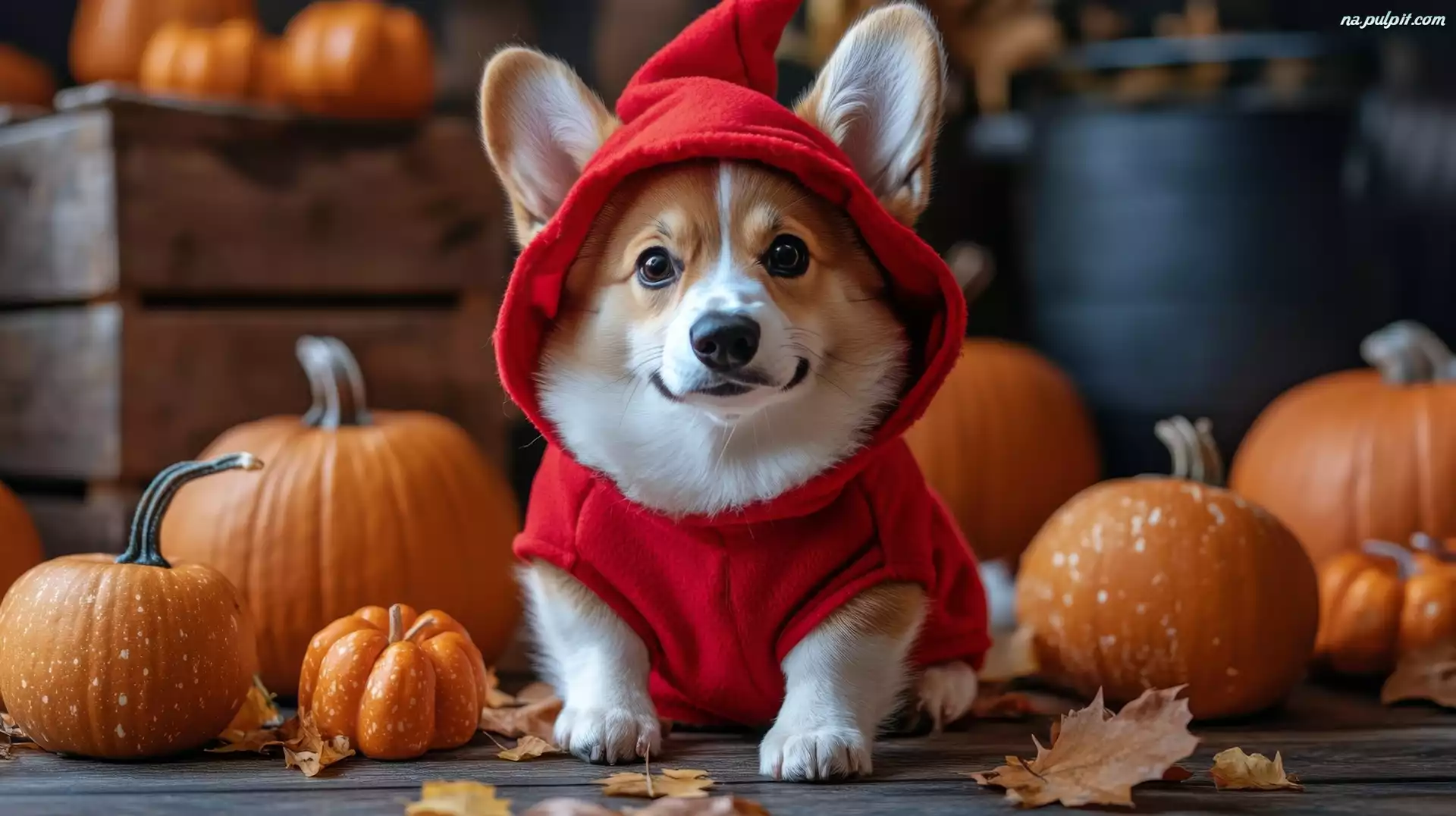 AI, Ubranko, Czerwone, Pies, Welsh corgi pembroke, Czapka, Dynie