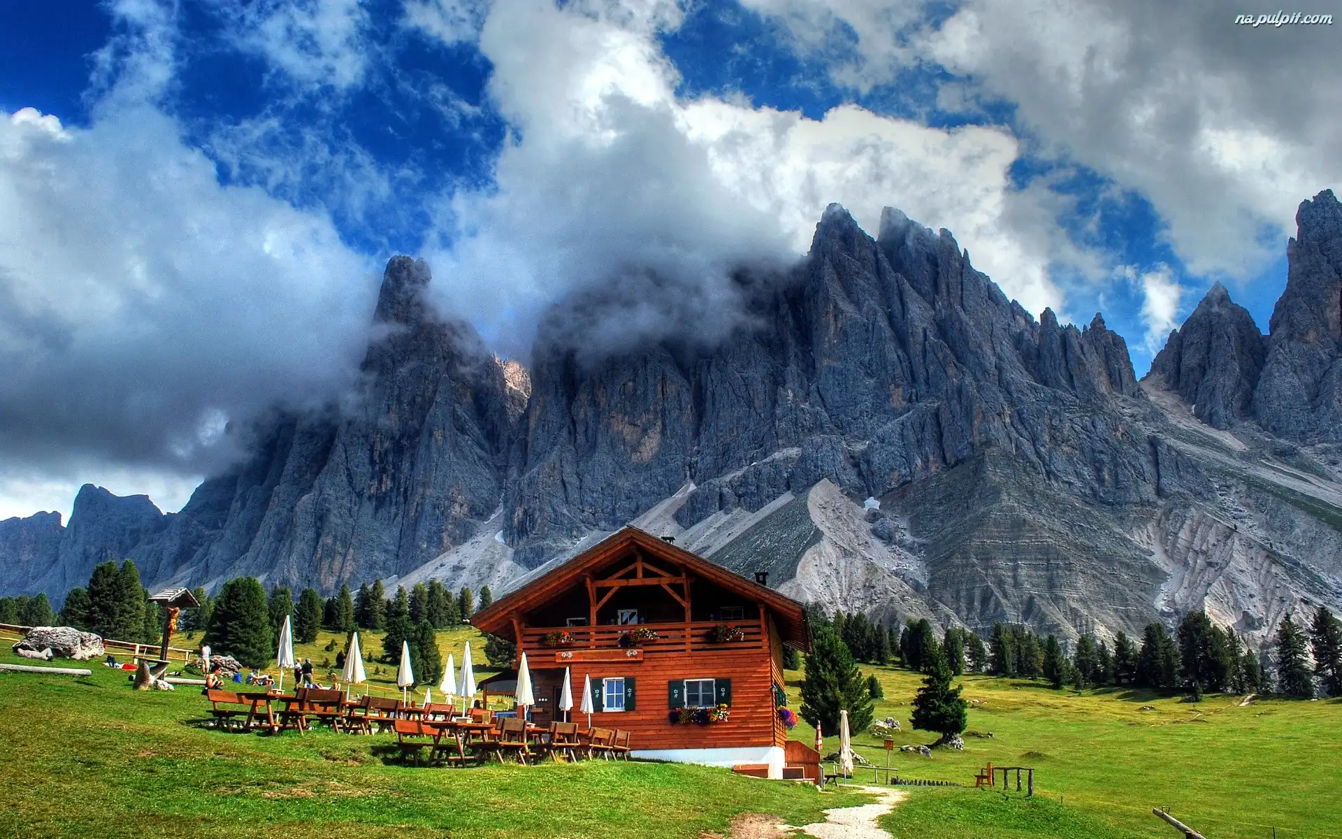 Austria, Restauracja, Chmury, Góry, Drzewa