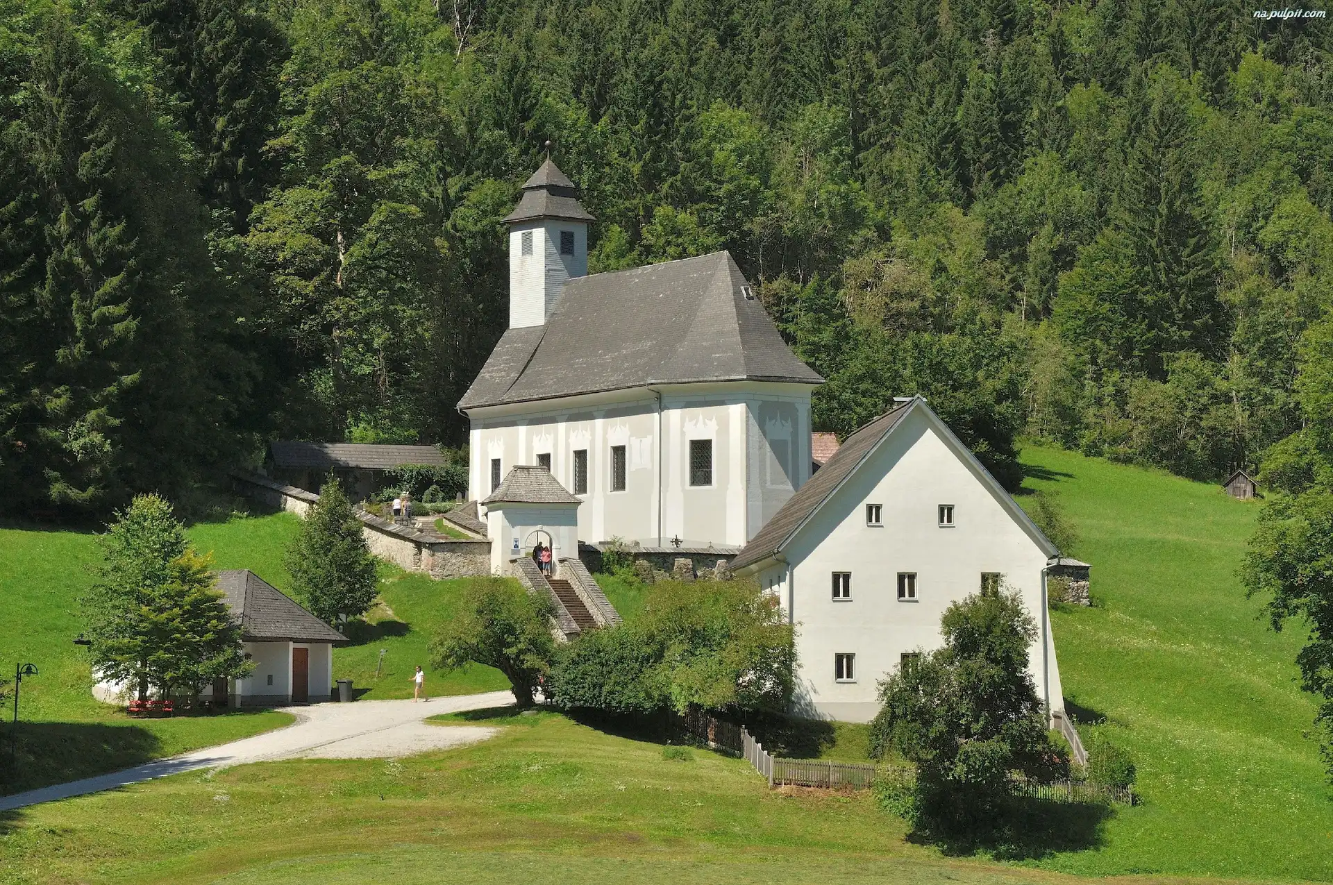 Austria, Drzewa, Trawa, Kościółek, Johnsbach