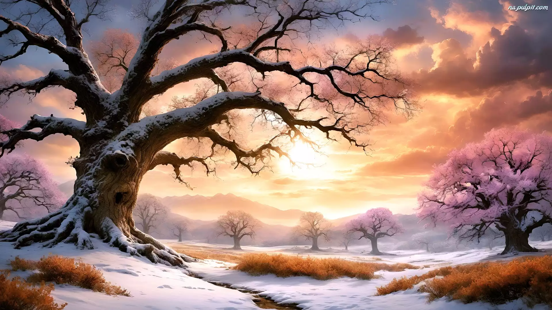 Paintography, Mgła, Wschód słońca, Zima, Góry, Drzewa, Chmury
