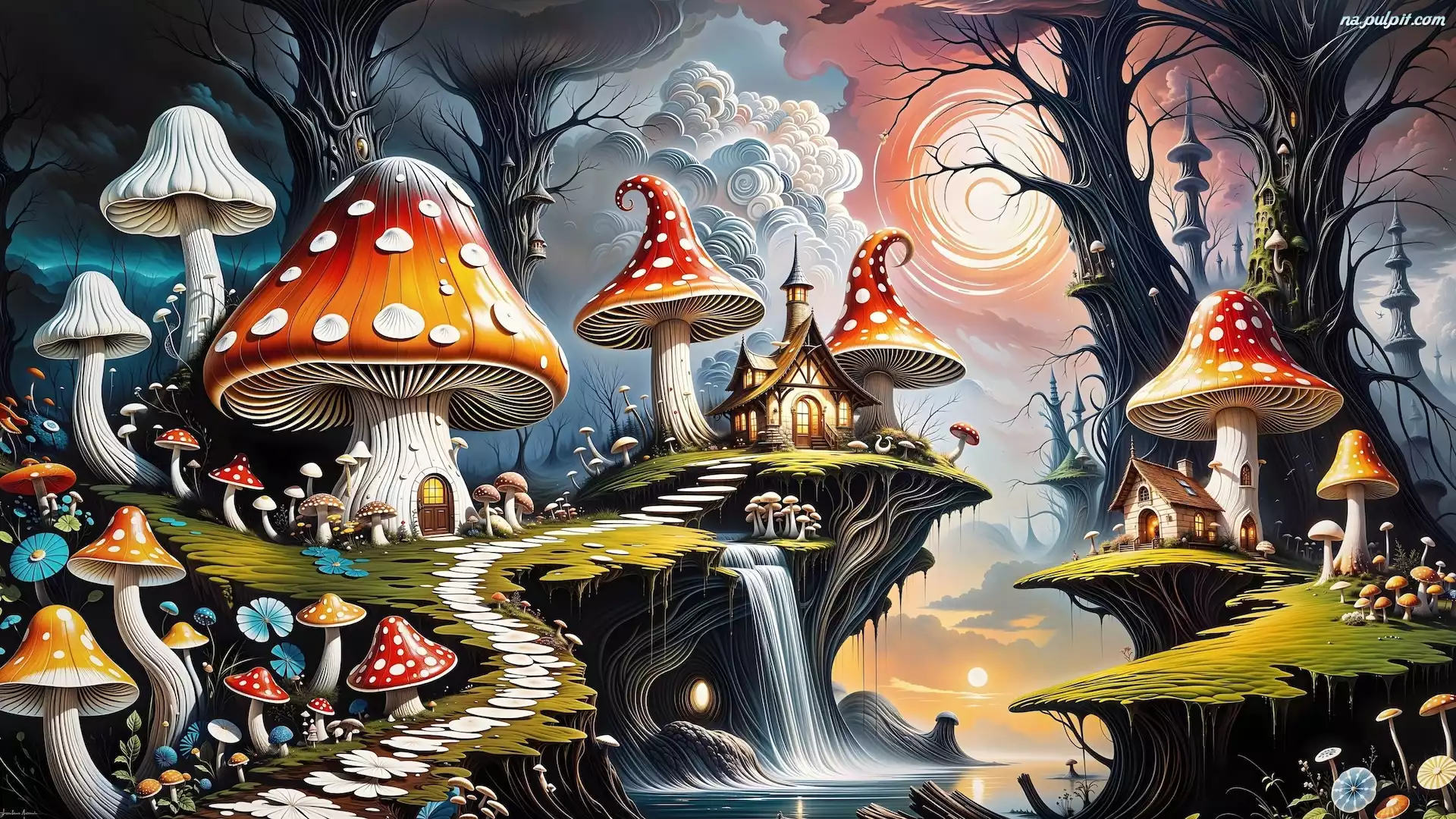 Wodospad, Grzyby, Chmury, Fantasy, Fantasy, Ścieżka, Las, Drzewa