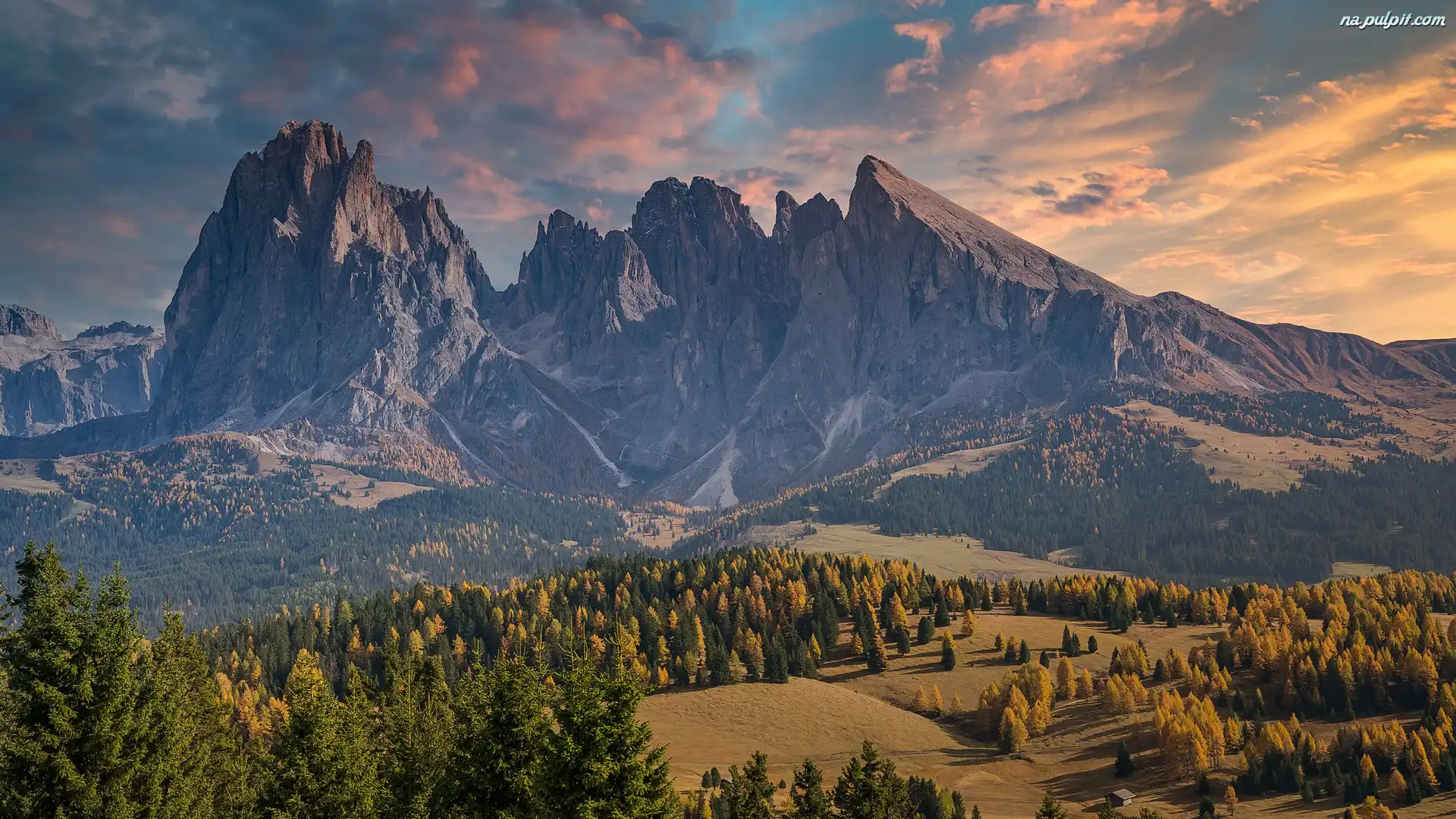 Dolina Val Gardena, Płaskowyż Seiser Alm, Włochy, Drzewa, Góry Sassolungo, Jesień