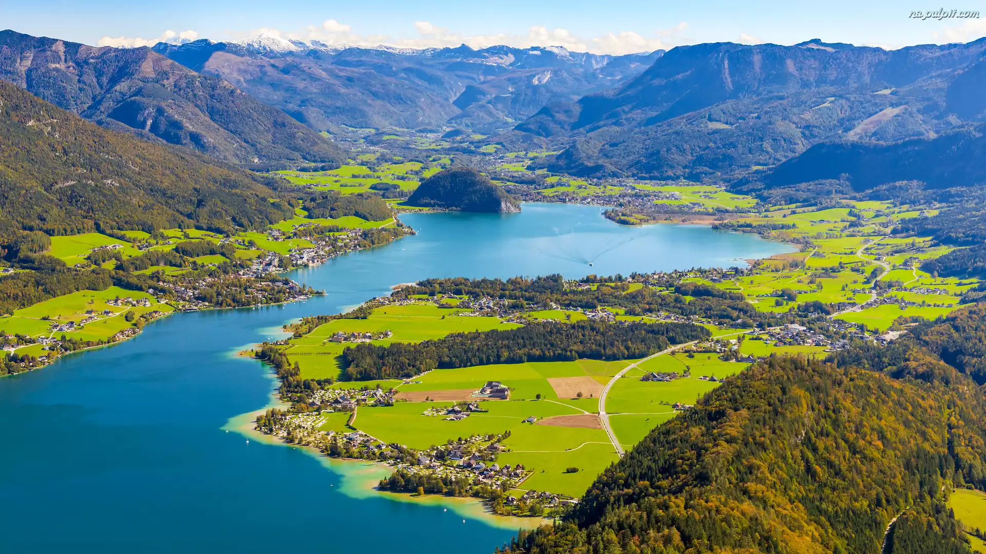Alpy, Z lotu ptaka, Jezioro Wolfgangsee, Austria, Góry