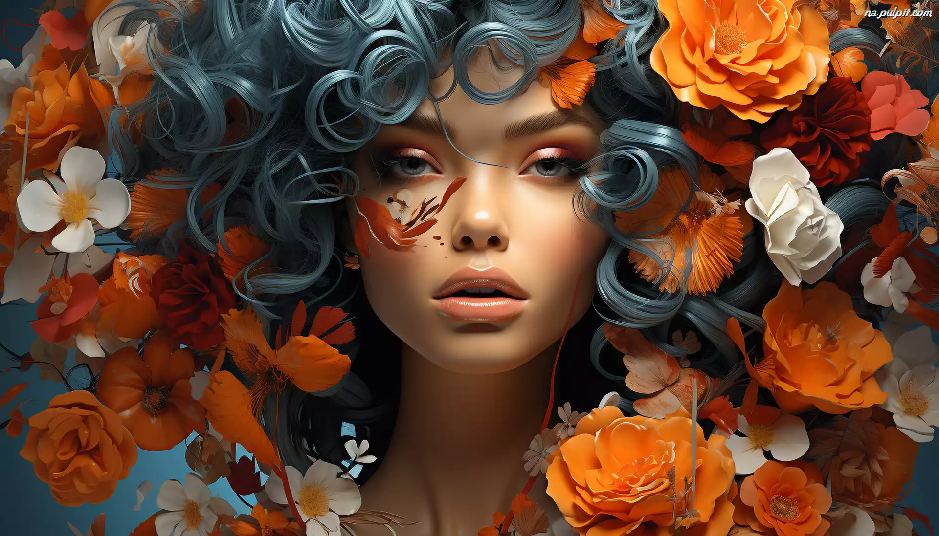 Kobieta, Pomarańczowe, Kwiaty, Grafika