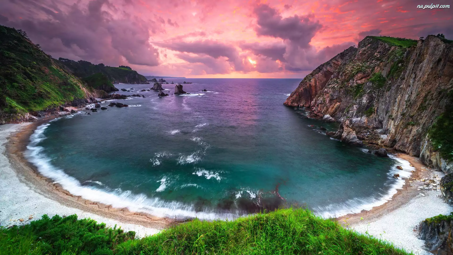 Plaża, Playa del Silencio, Asturia, Zachód słońca, Góry, Morze, Hiszpania, Zatoka, Skały