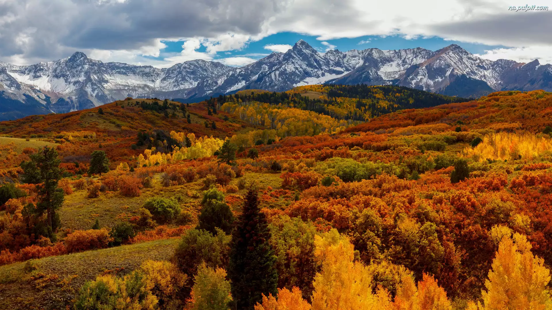 Kolorado, Chmury, Stany Zjednoczone, Drzewa, Góry, Przełęcz, Las, Jesień, San Juan Mountains, Dallas Divide