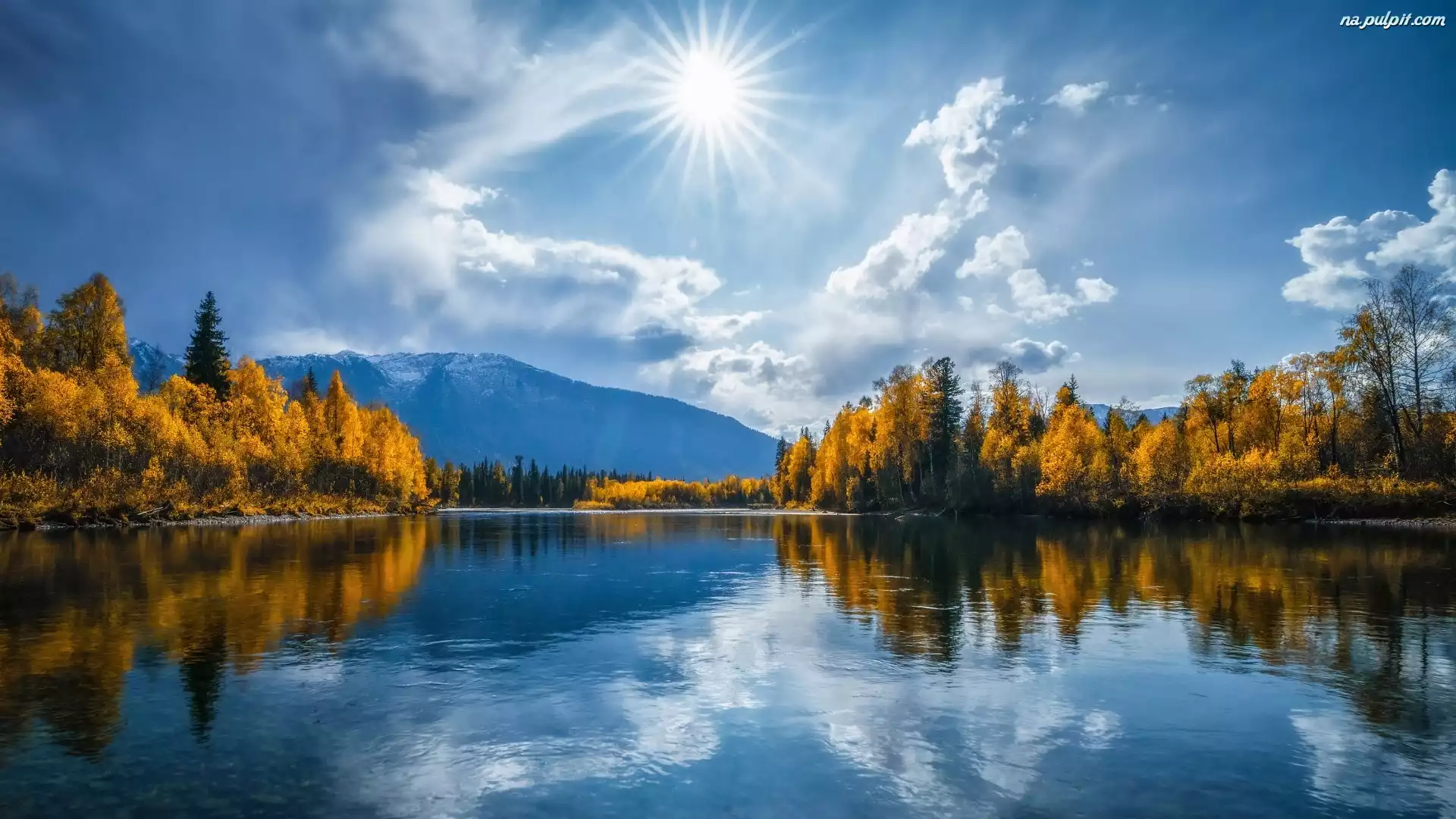 Odbicie, Jesień, Drzewa, Jezioro, Żółte, Promienie słońca
