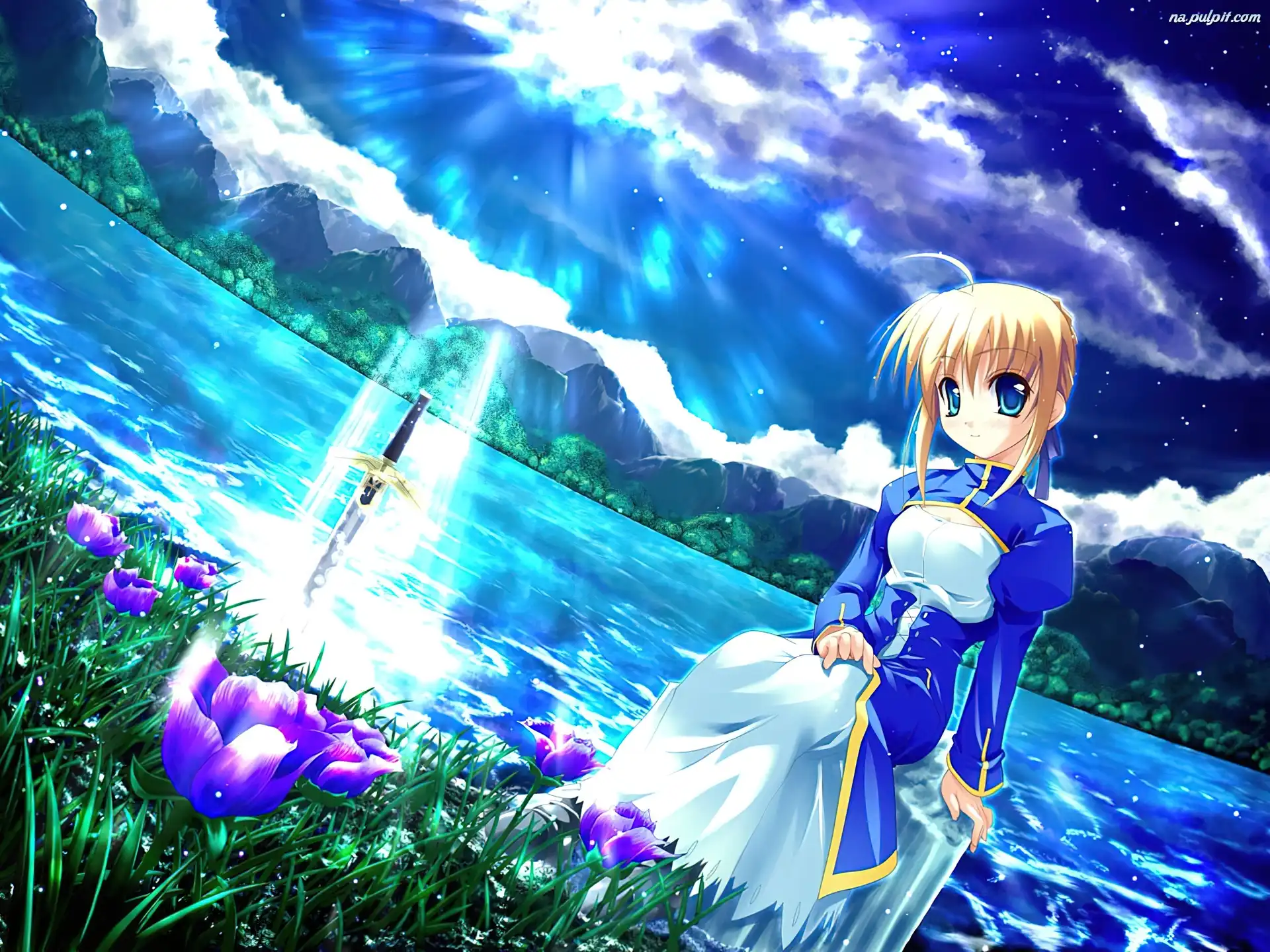 kwiatki, jezioro, kobieta, Fate Stay Night, miecz