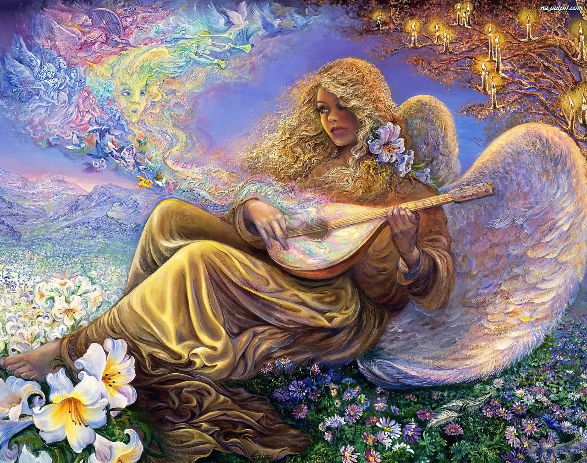 Josephine Wall, Instrument, Anioł, Kobieta, Kwiaty