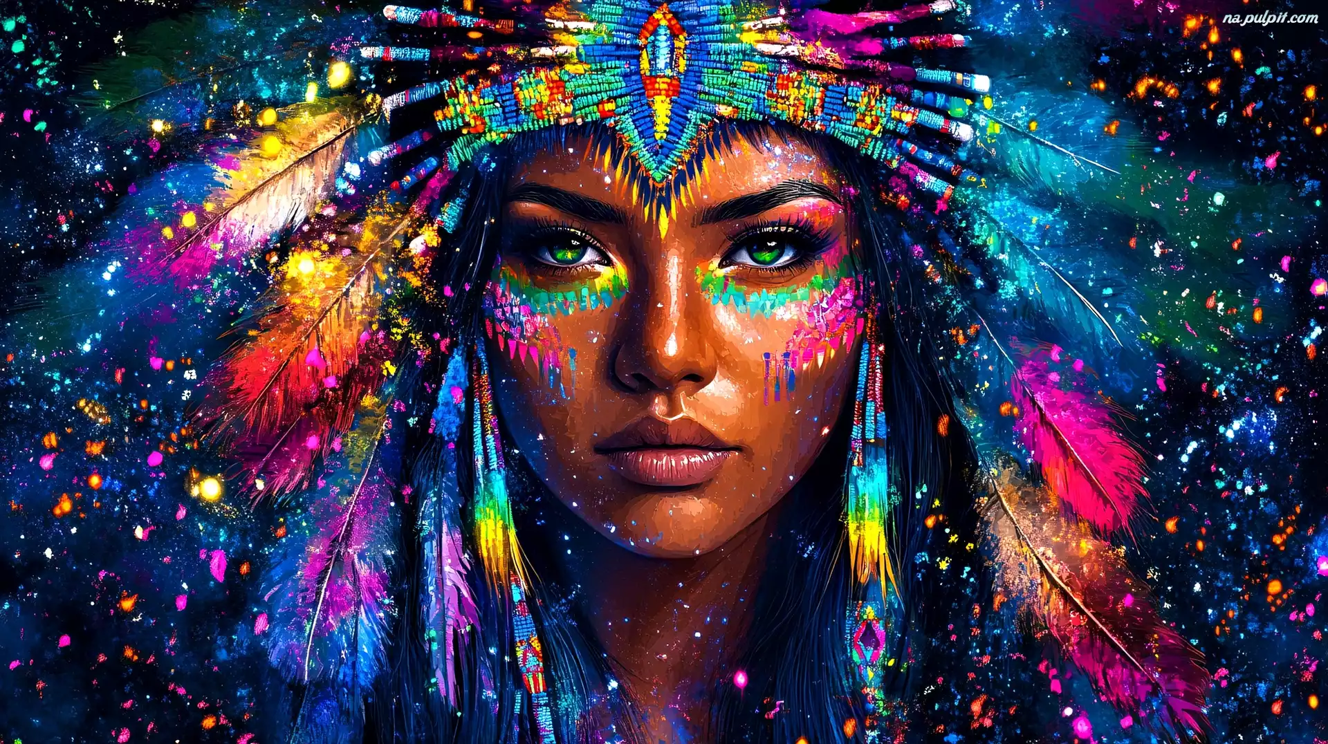 Grafika, Kolorowy, Oczy, Kobieta, Indianka, Zielone, Pióropusz