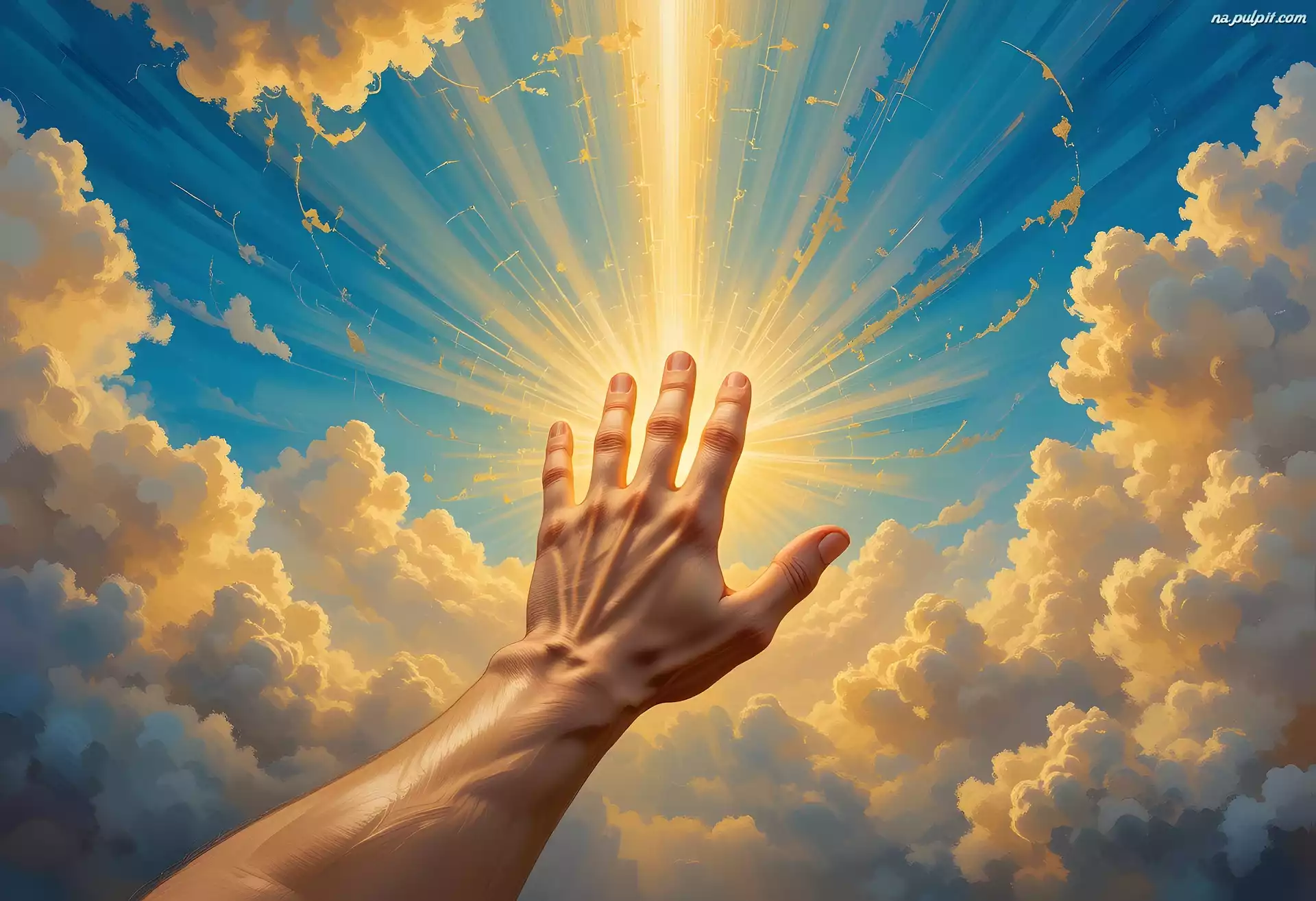 Promienie, Wiara, Duchowość, Bóg, Grafika, Słońce, Ręka, Dotyk, Komputerowa, Palce, Chmury, Nadzieja, Dłoń, Religia