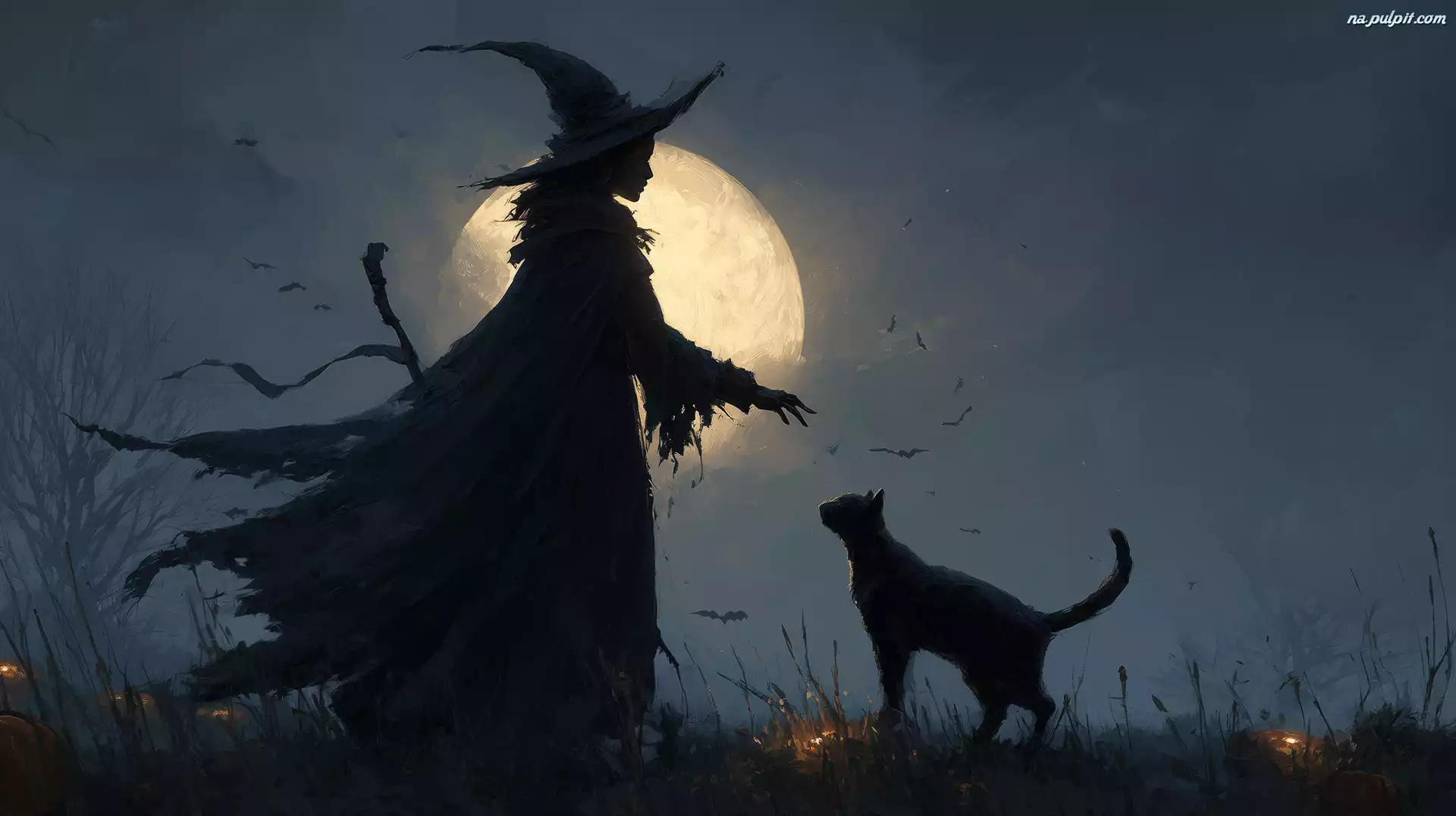 Halloween, Wiedźma, Kot, Księżyc, Czarny, Grafika AI
