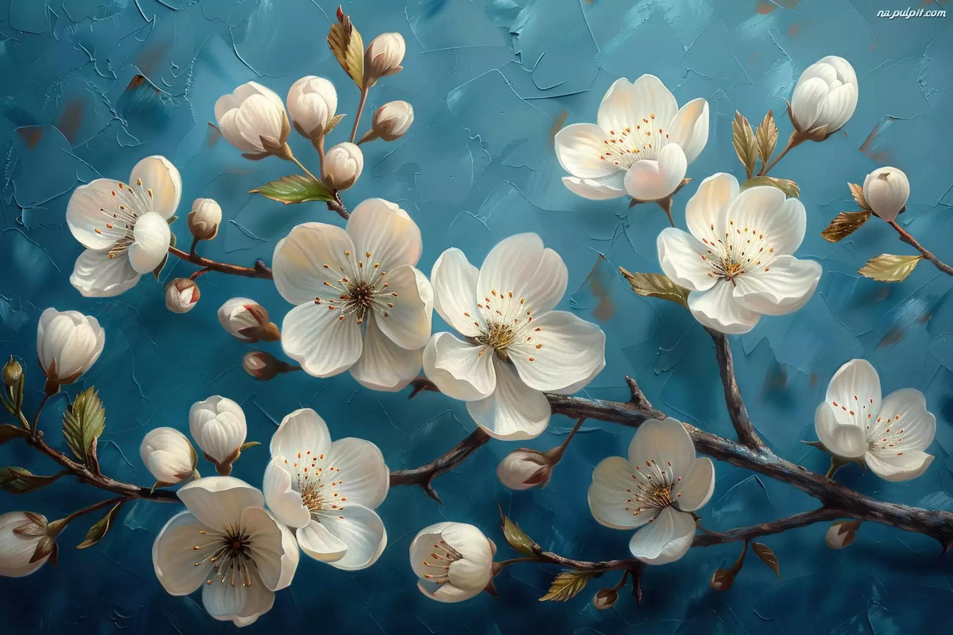 Niebieskie, Gałązki, Białe, Kwiaty, Drzewo owocowe, Tło