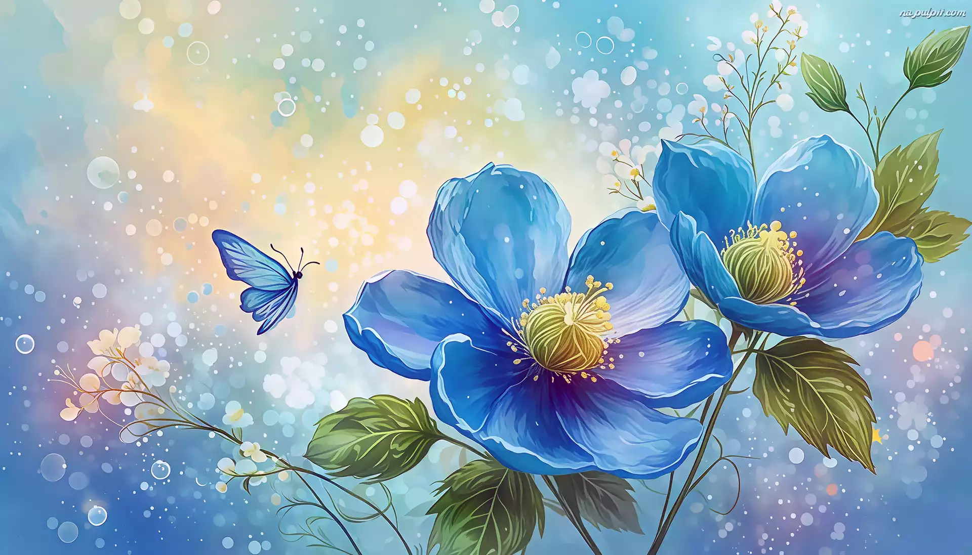 Niebieskie, Kwiaty, Motyl, Grafika AI