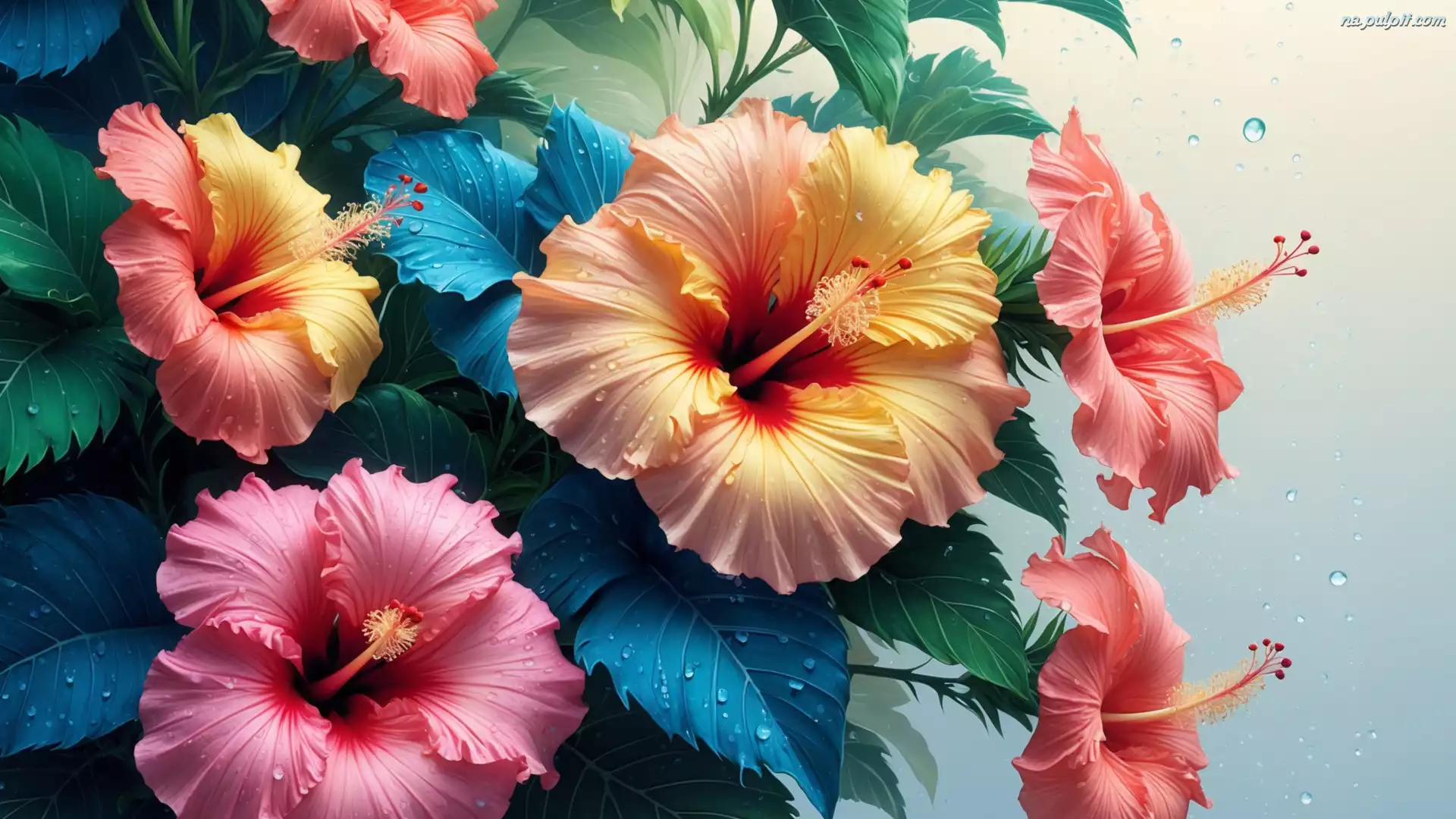 Krople, Hibiskusy, Kwiaty, Liście, Kolorowe, Grafika