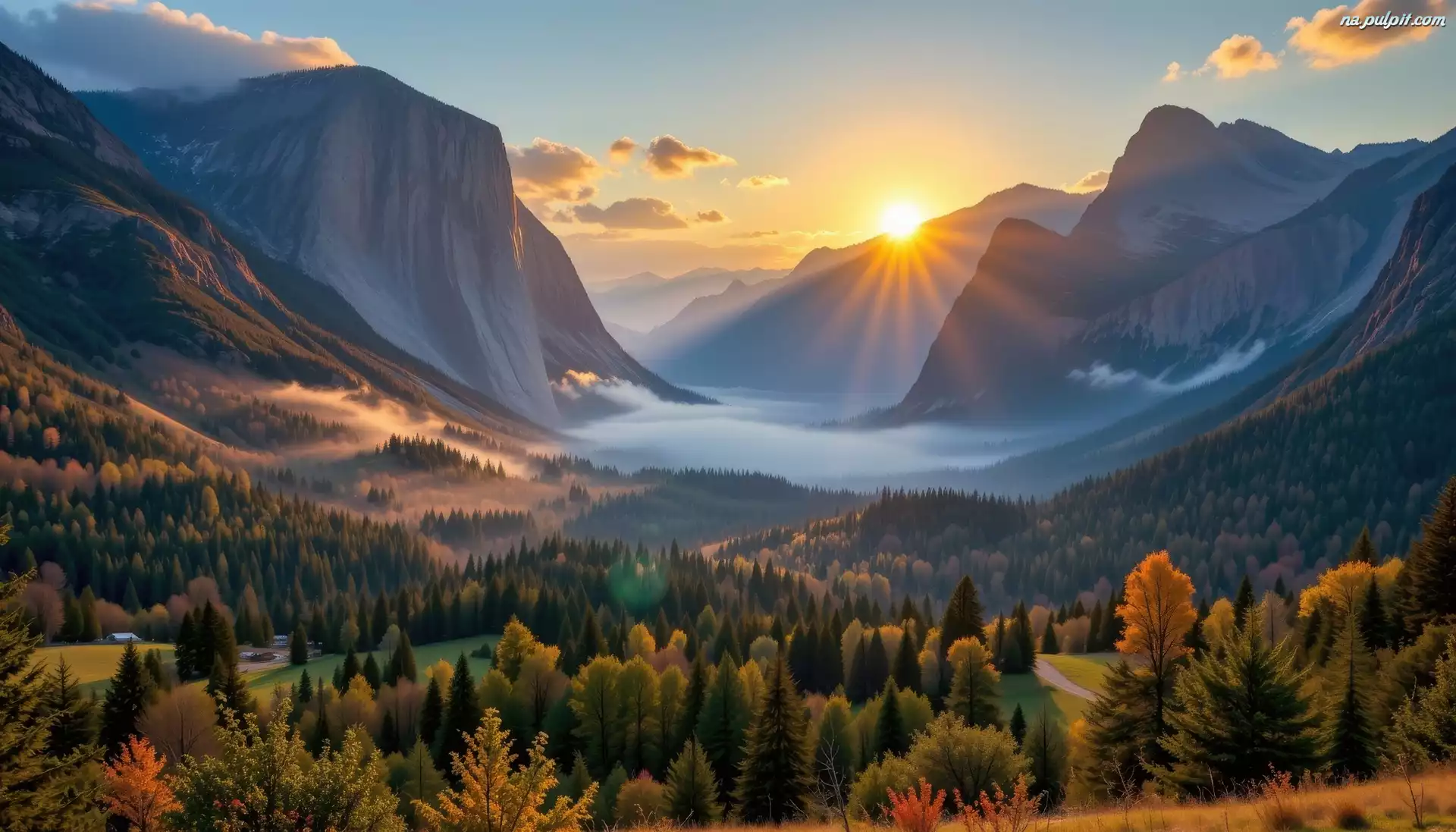 Stany Zjednoczone, Góry, Grafika AI, Lasy, Mgła, Park Narodowy Yosemite, Dolina, Wschód słońca, Yosemite Valley, Kalifornia