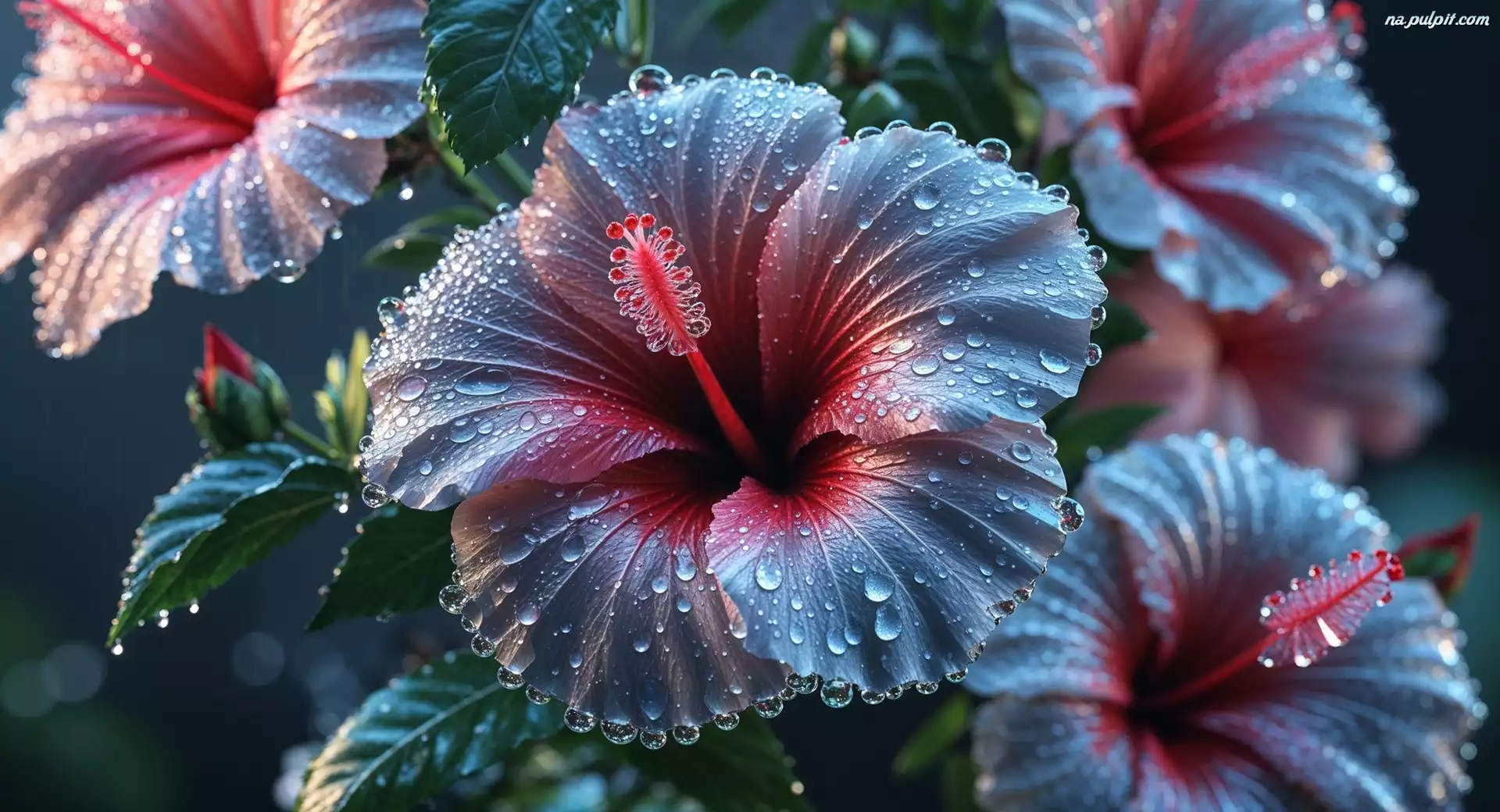 Krople, Mokre, Hibiskusy, Grafika, Kwiaty
