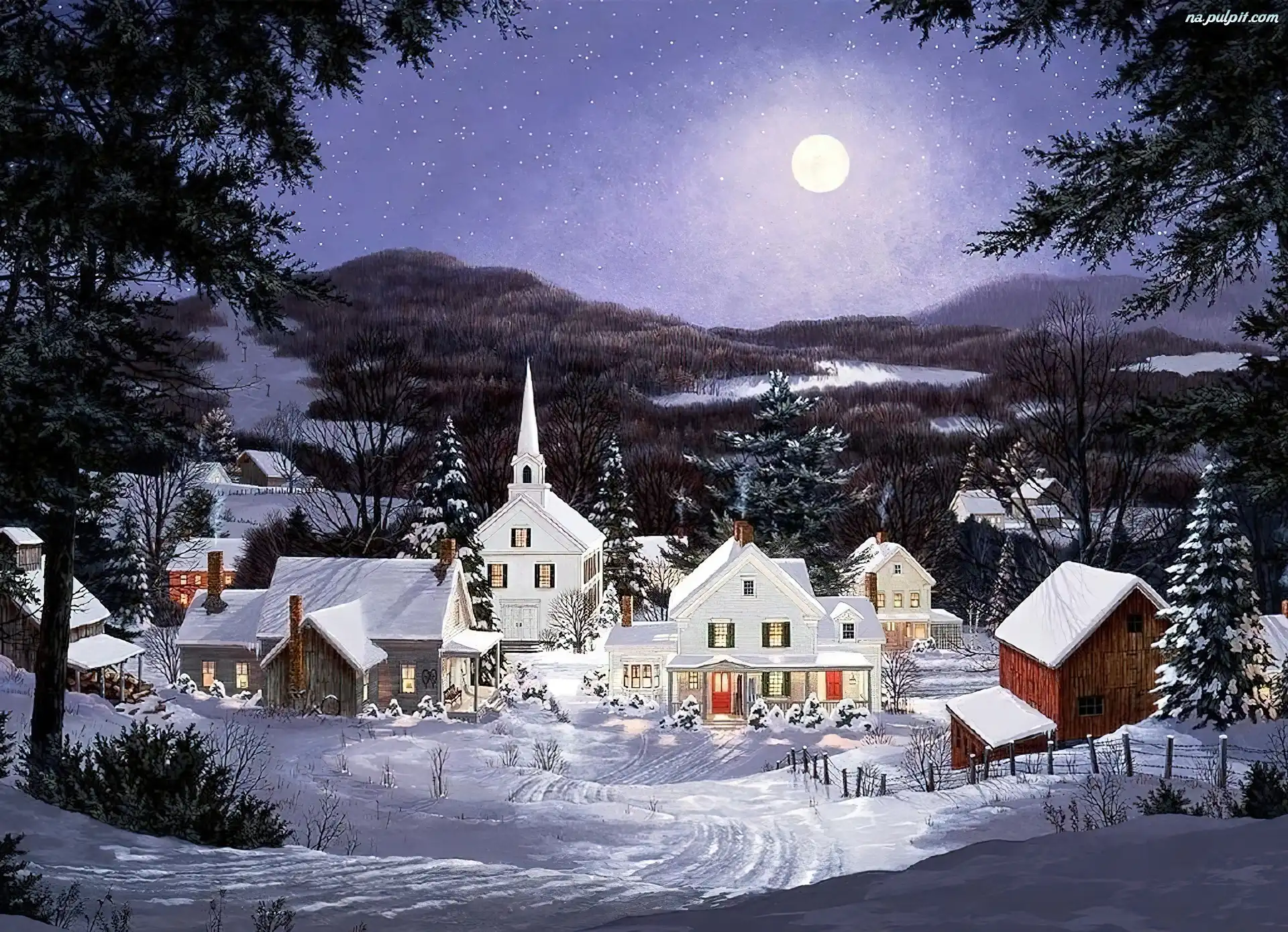 Narodzenie, Noc, Księżyc, Śnieg, Boże, Domki