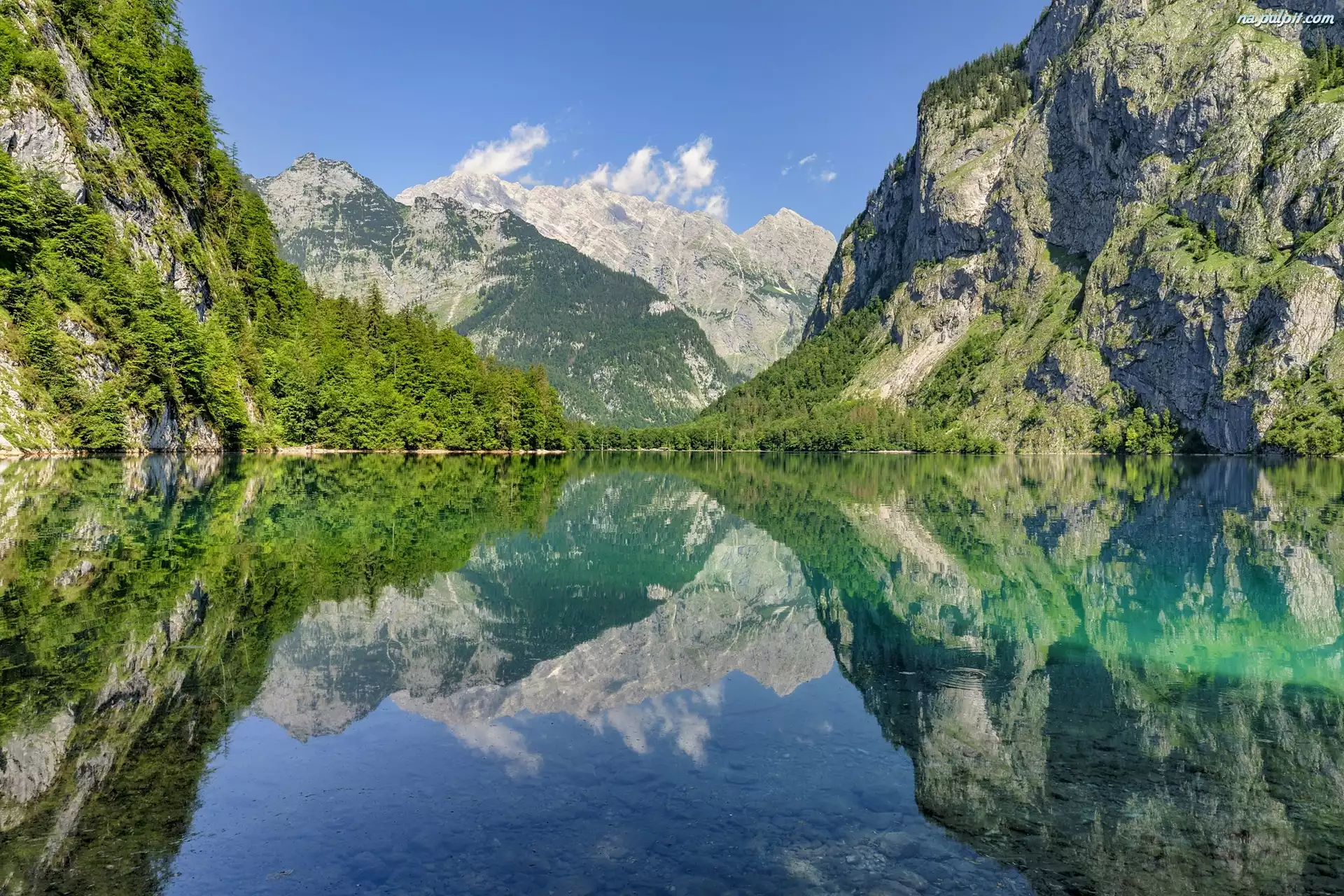 Niemcy, Park Narodowy Berchtesgaden, Drzewa, Góry, Odbicie, Jezioro Obersee, Bawaria