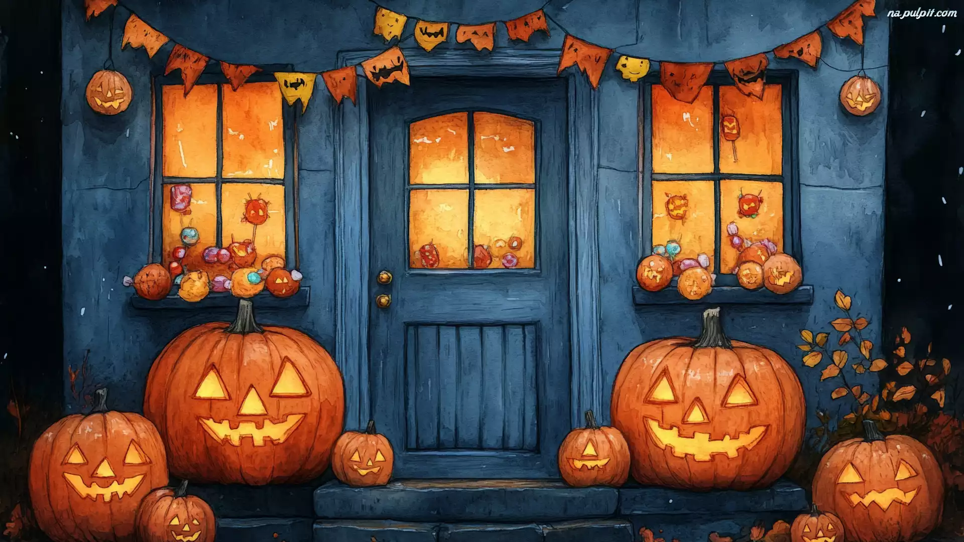 Halloween, Dynie, Dom, Oświetlony