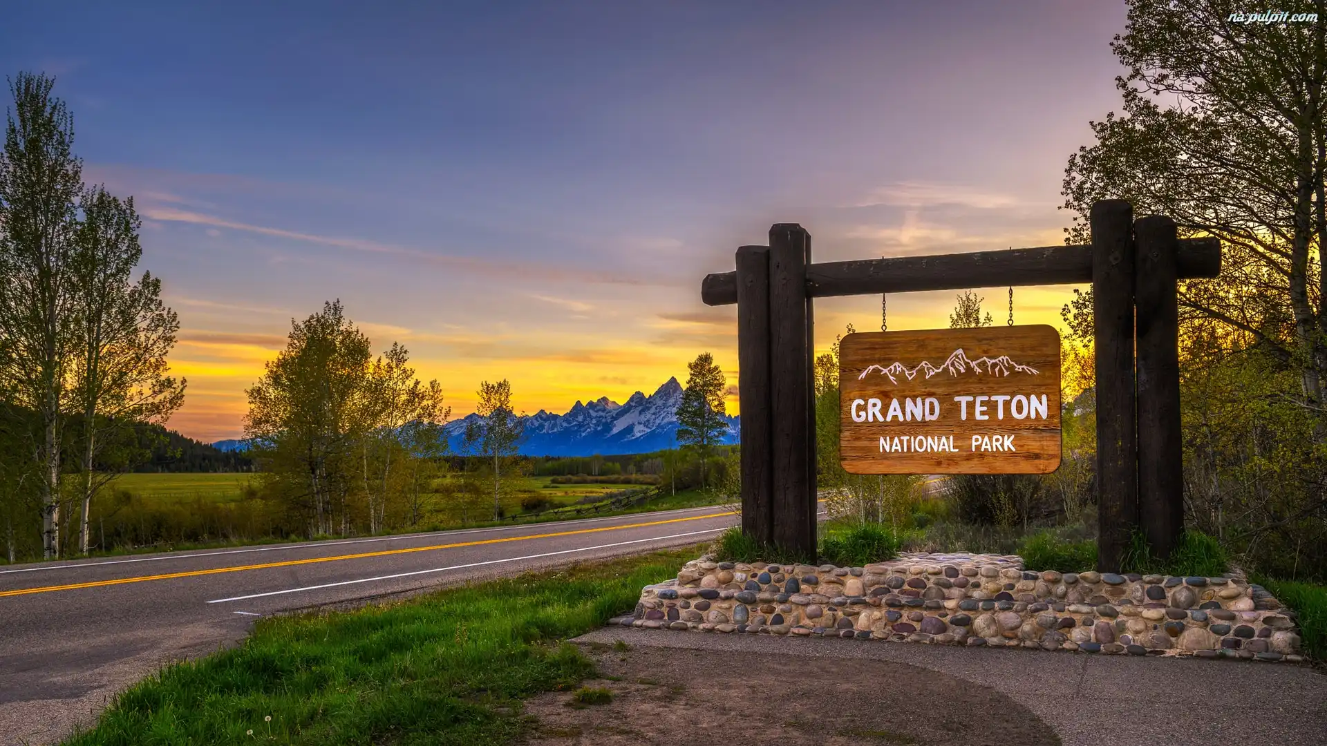 Tablica, Drzewa, Góry, Stany Zjednoczone, Wyoming, Park Narodowy Grand Teton, Droga