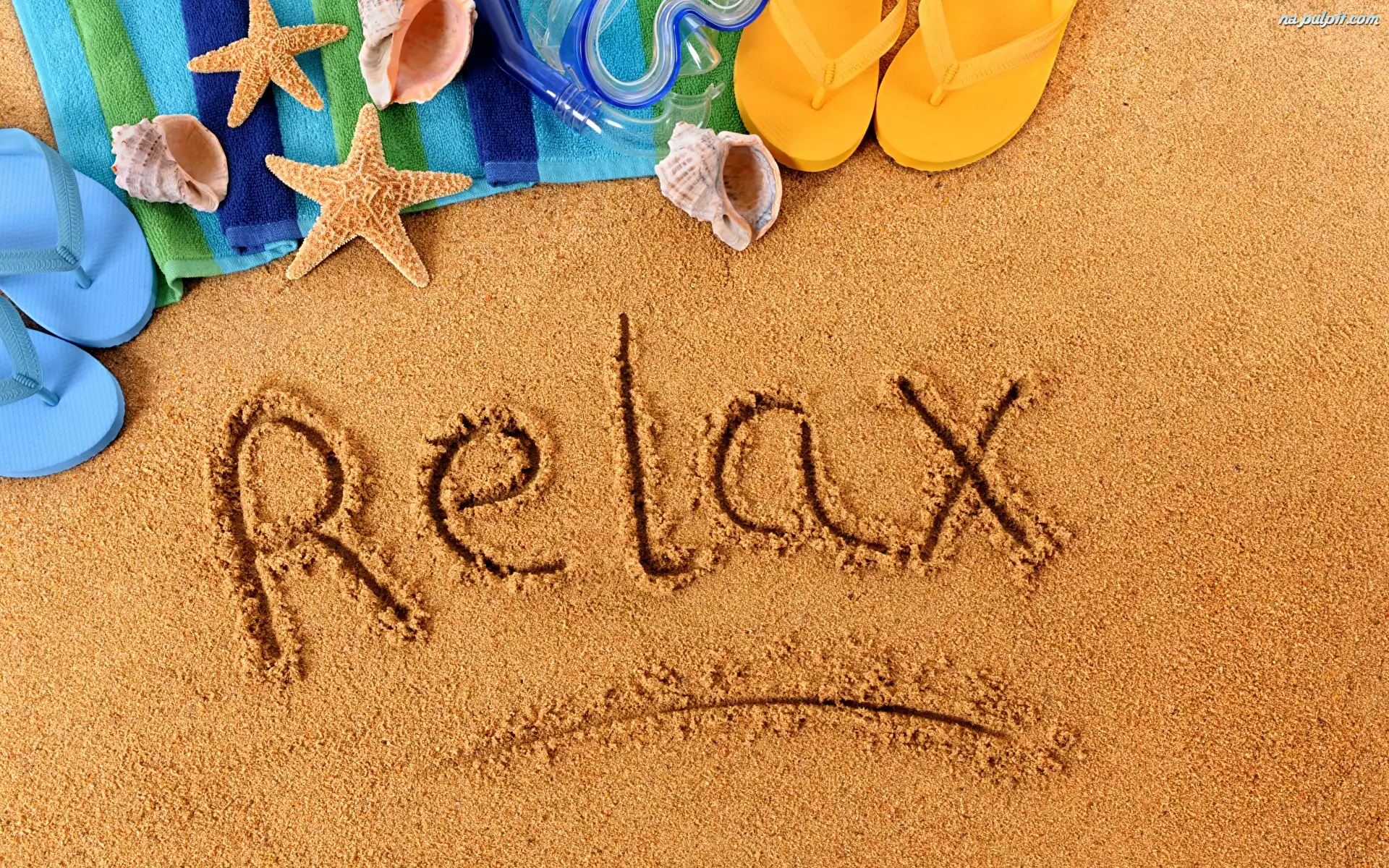 Relaks, Rozgwiazdy, Muszle, Plaża, Piasek, Wakacje, Napis
