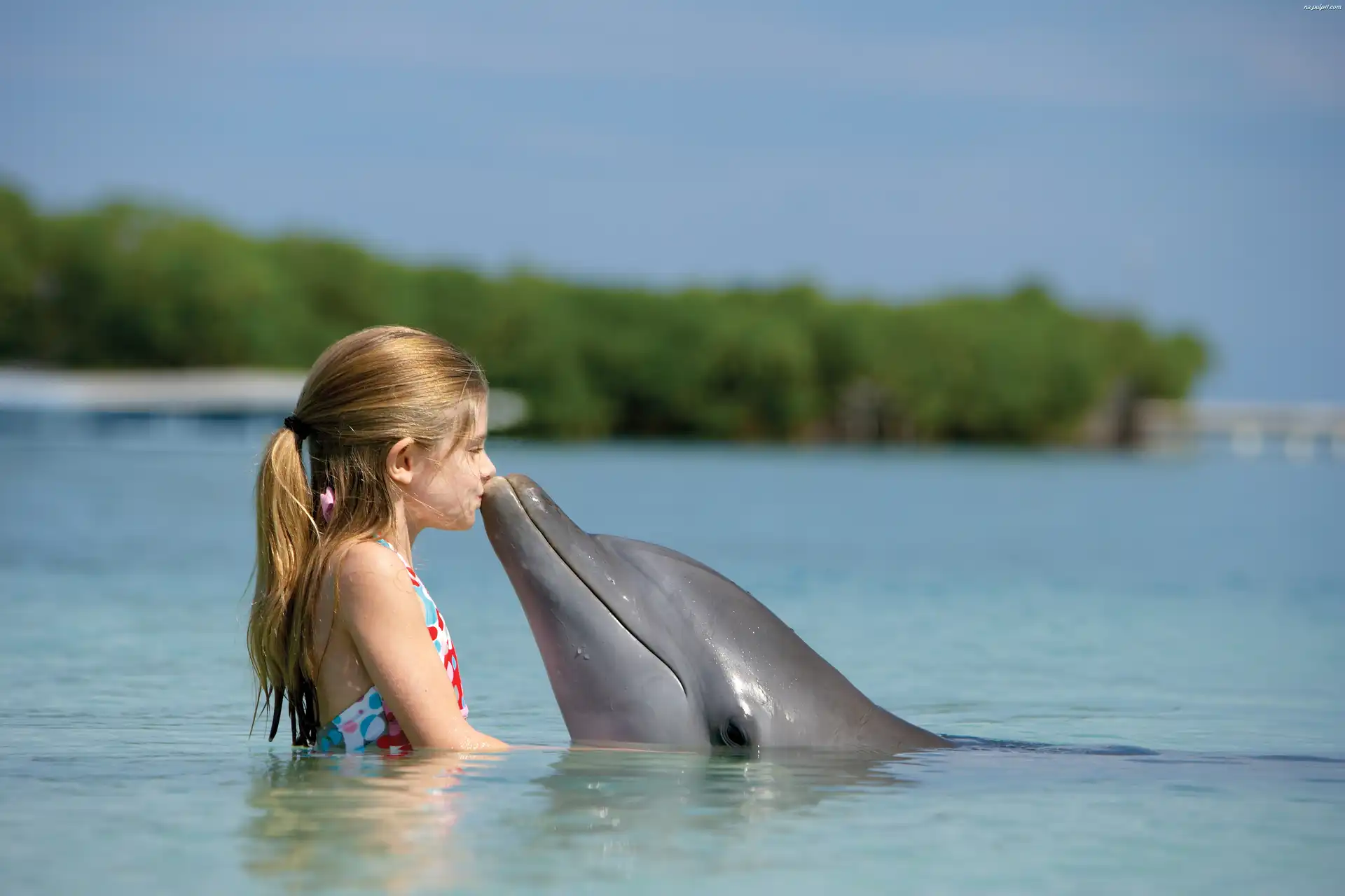 Pocałunek, Delfin, Dziewczynka, Woda