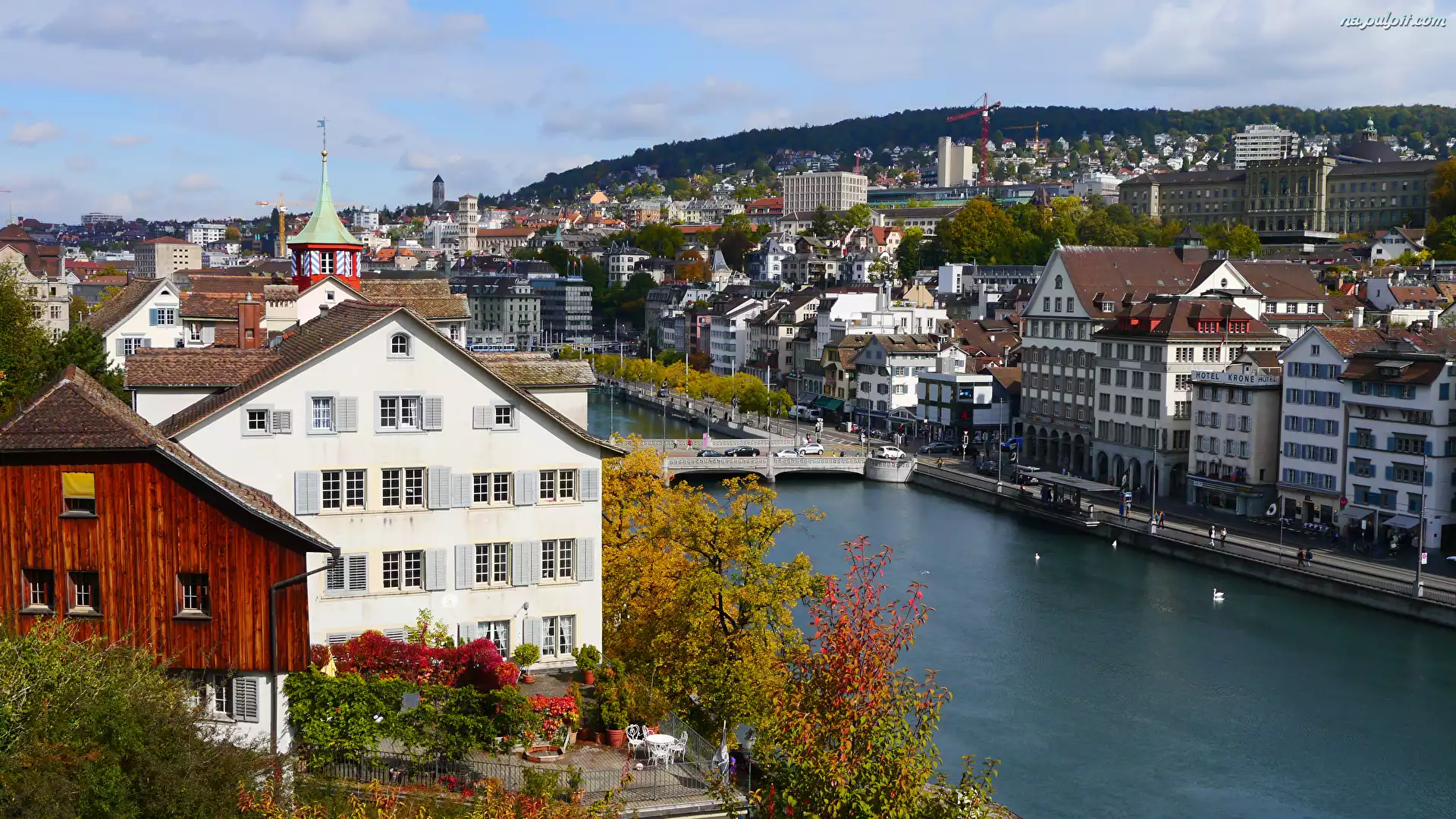 Most, Szwajcaria, Budynek, Rzeka Limmat, Zurych, Drzewa