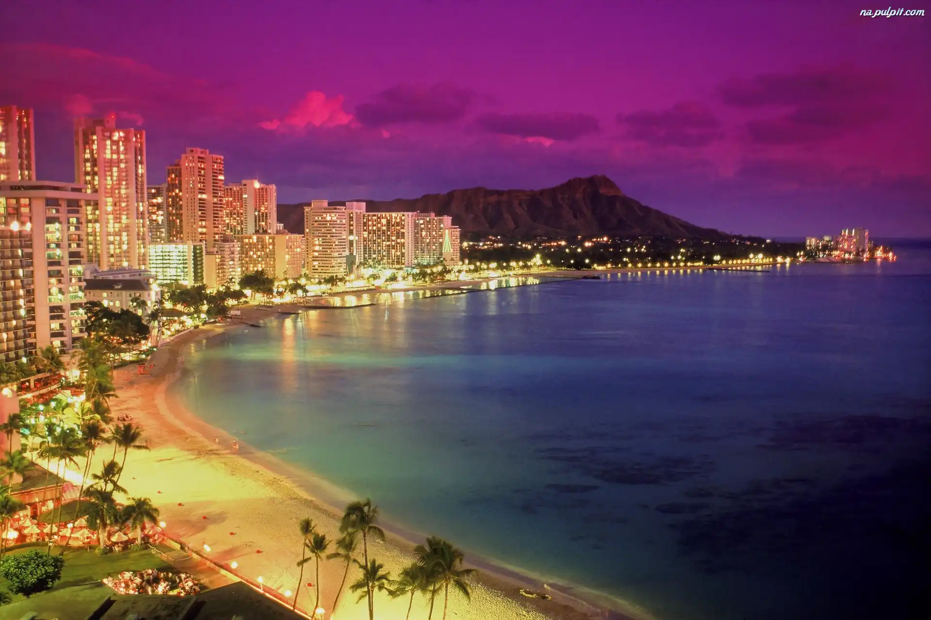 Słońca, Hawaje, Waikiki, Wyspa, Zachód