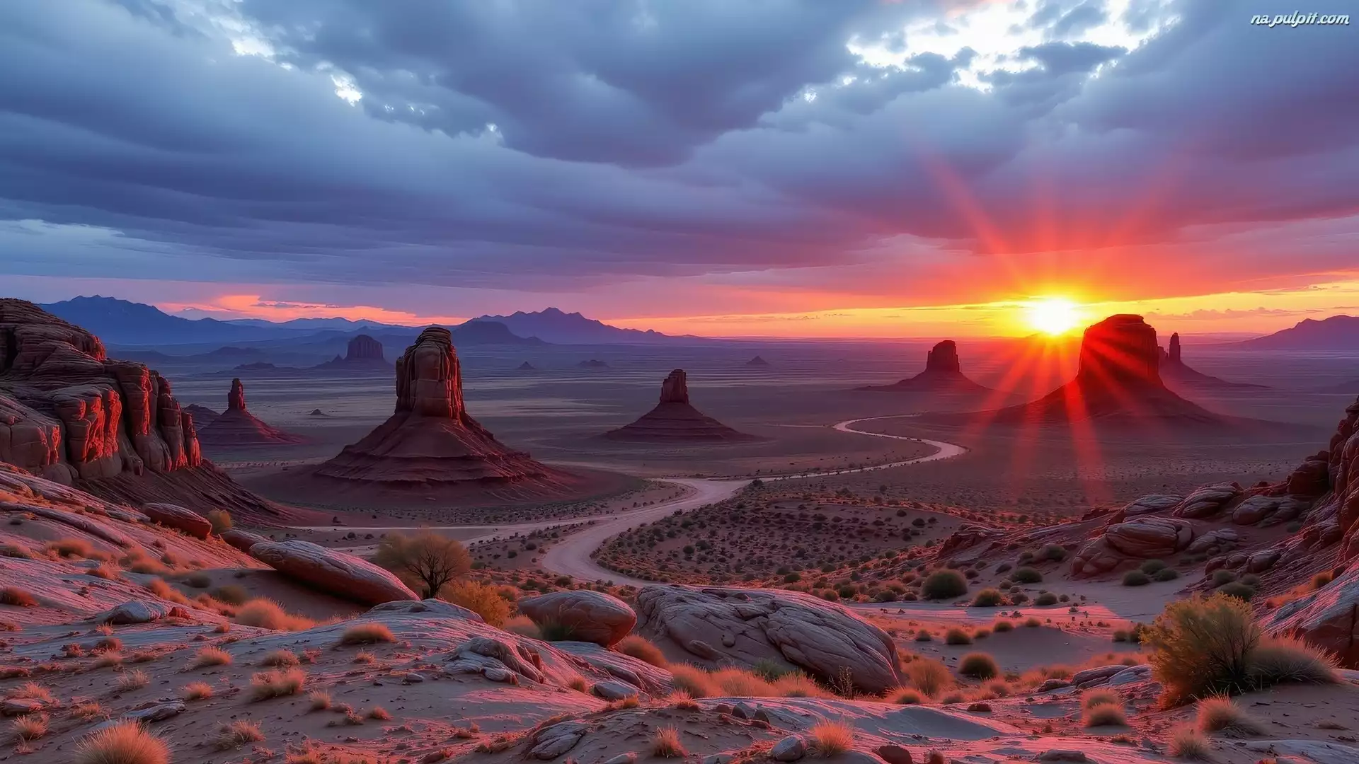Monument Valley, Zachód słońca, AI, Arizona, Rośliny, Kręta, Stany Zjednoczone, Skały, Góry, Droga