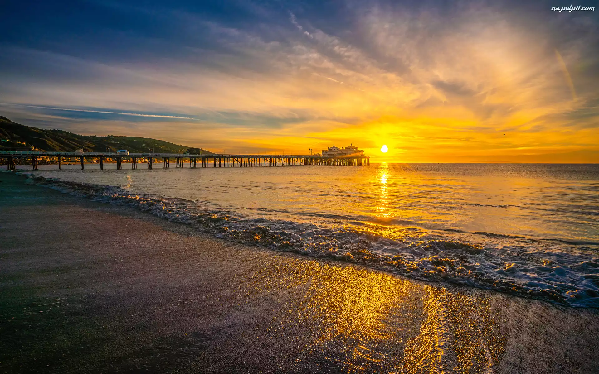 Stany Zjednoczone, Malibu, Plaża, Wschód słońca, Morze, Molo, Kalifornia