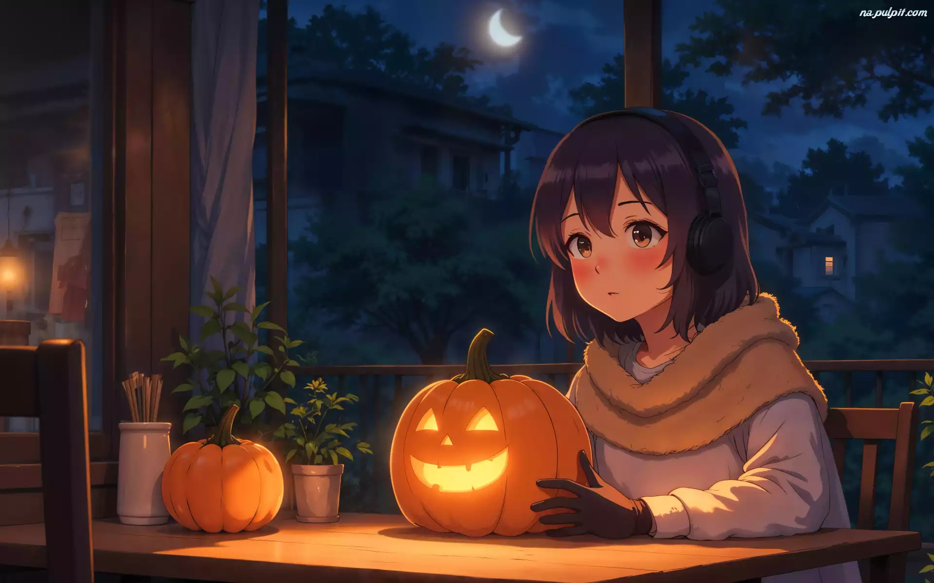 Krzesła, Dynie, Noc, Halloween, Anime, Księżyc, Dziewczynka, Stół