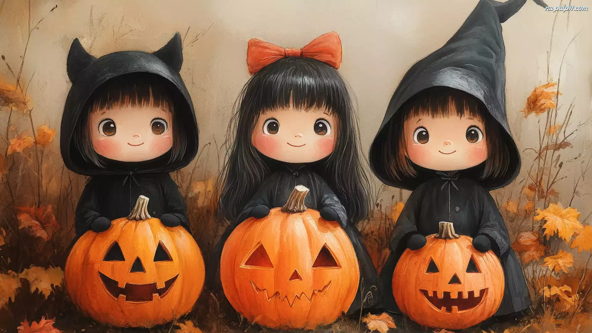 Dynie, Halloween, Dziewczynki, Stroje, Trzy, Liście