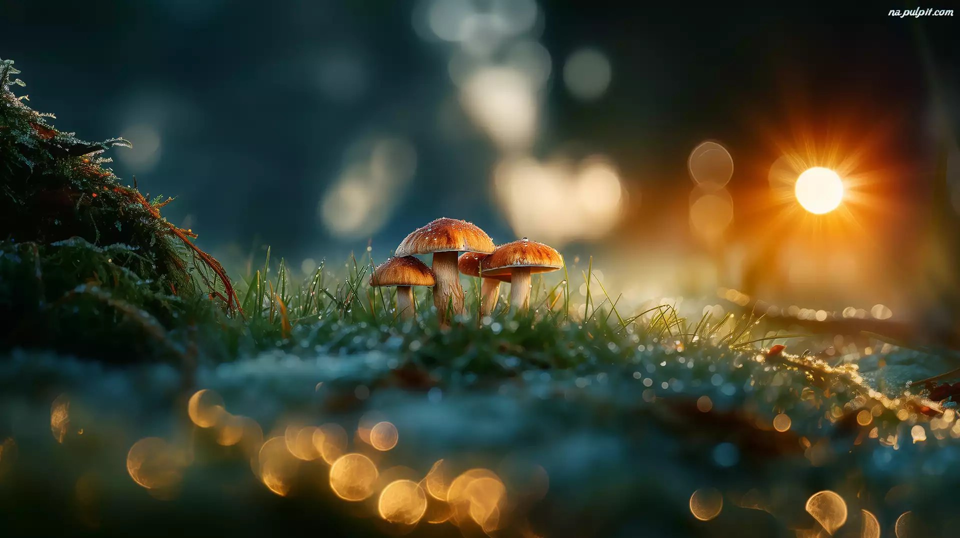 Grzyby, Trawa, Bokeh, Grafika AI