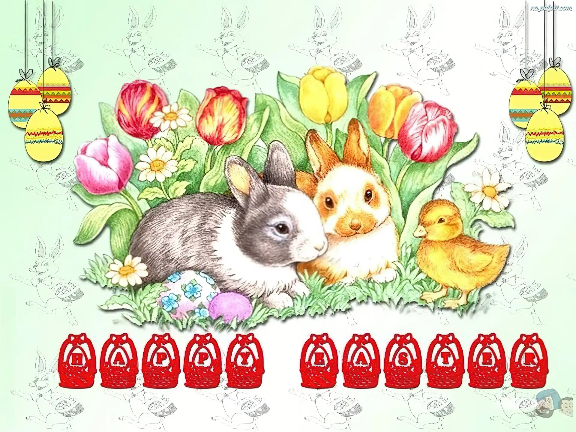 Tulipany, kurczaczek, zajączki, Wielkanoc, jajeczka