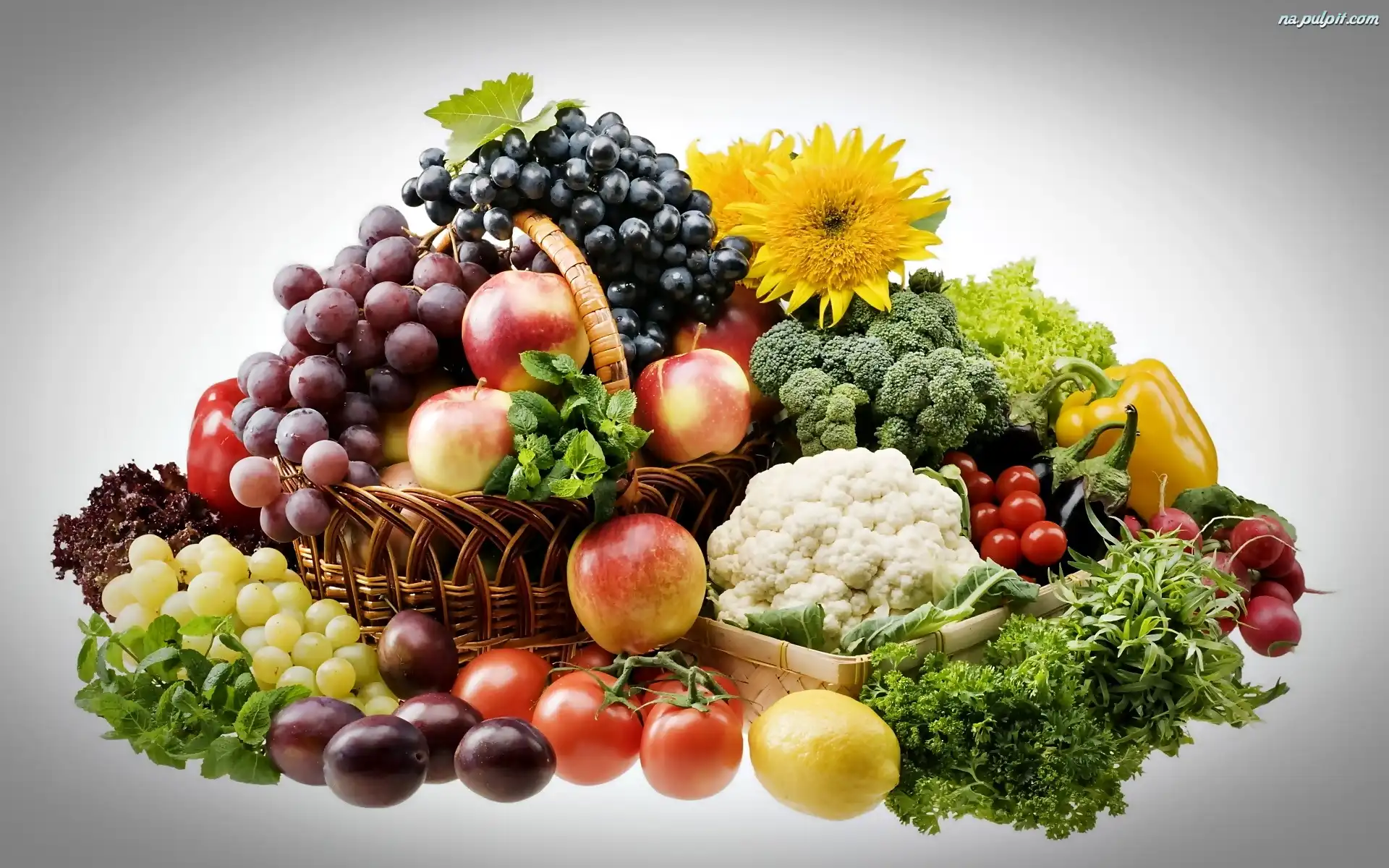 Warzywa, Winogrona, Śliwki, Kwiaty, Owoce, Jabłka
